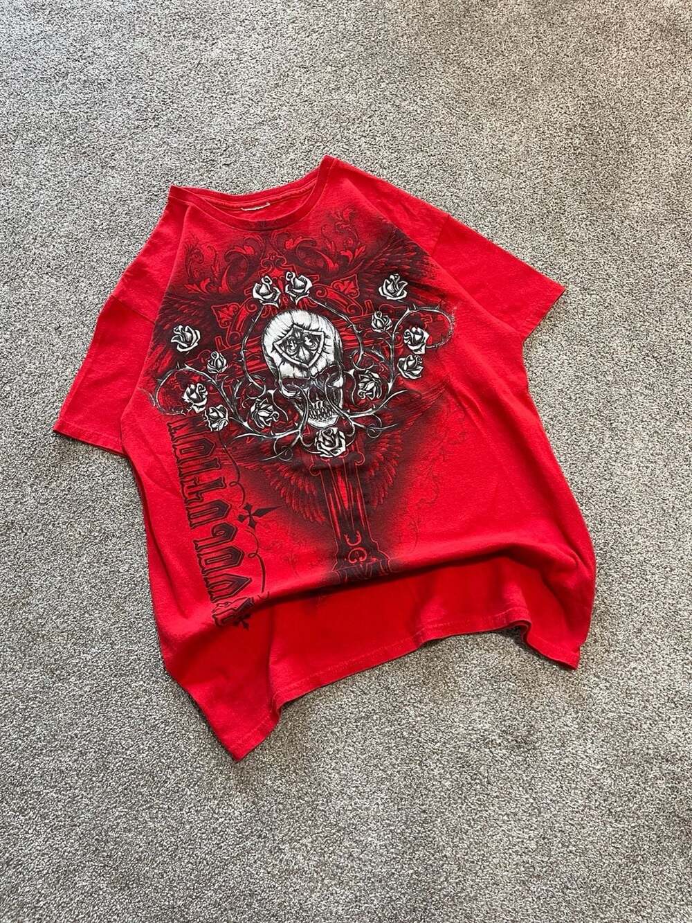 Affliction Revolution Vintage Y2K Skull Roses Graphic Red T-Shirt